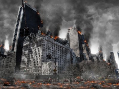 Monochrome image depicting apocalyptic urban skyline