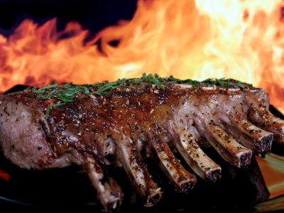 Barbecued ribs in front of fire