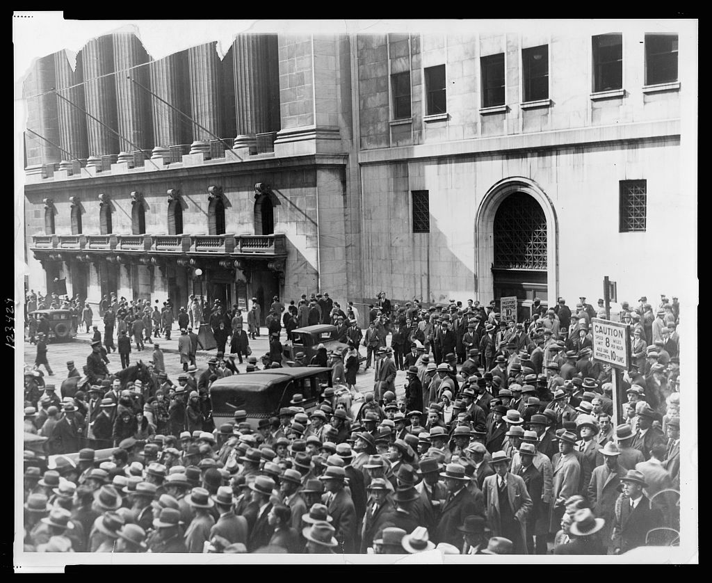 Crowd of people gather outside the New York Stock Exchange following the Crash of 1929 LOC 3c23429v