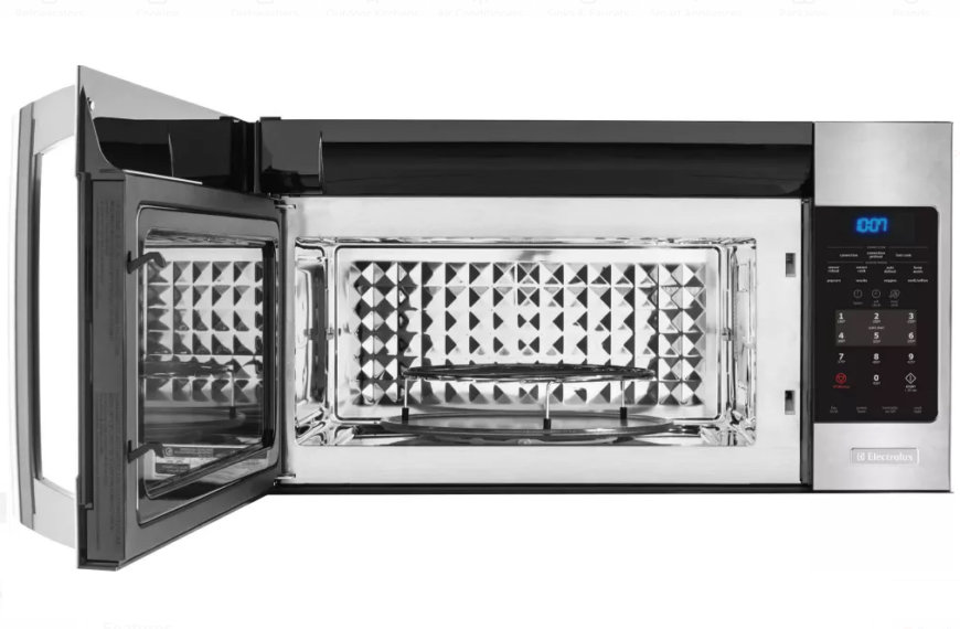 Open microwave oven with metal parts inside
