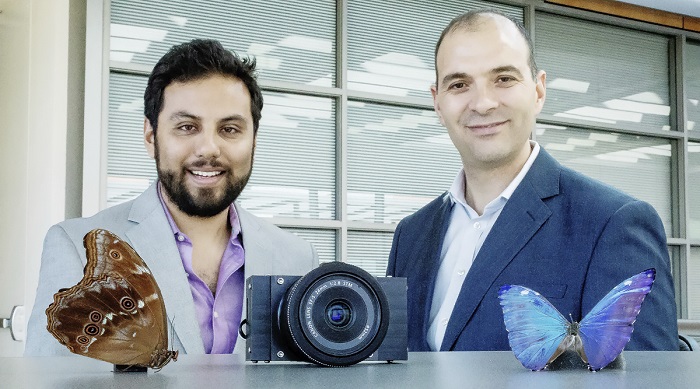 Missael Garcia and Viktor Gruev with their morpho butterfly-inspired srugery camera. (Liz Ahlberg/University of illinois)