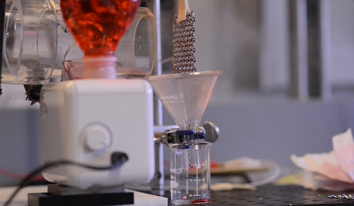 The team’s lab setup was used to test the powerplant condenser system. The mesh is placed above the funnel at right to collect the water that condenses on the mesh. (Courtesy of the researchers)