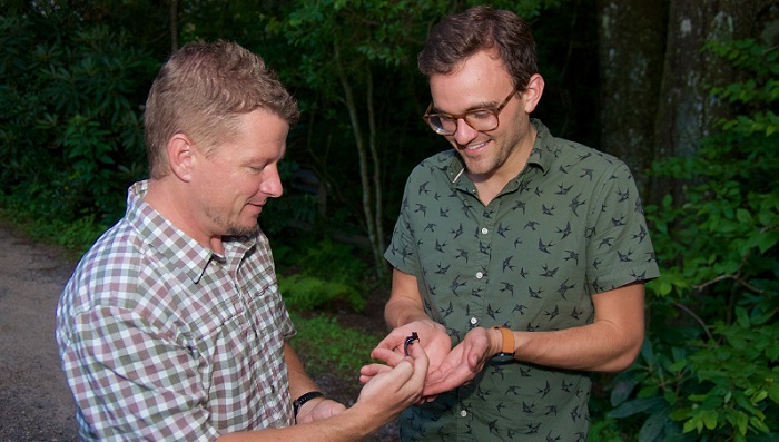 Clemson University scientist Michael Sears (left) and former Clemson Ph.D. student Eric Riddell have been conducting research on salamanders for more than five years. (Pete Martin)