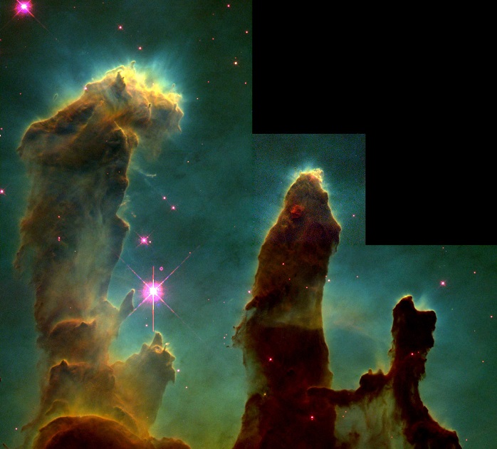 The "Pillars of Creation," an astronomical feature in the Eagle Nebula are made of gas and dust clouds and form new stars.