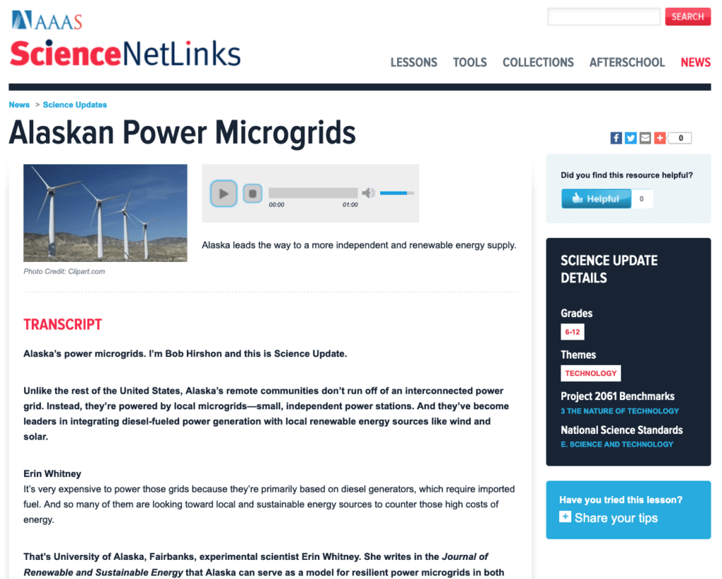 Screenshot of Science Update Alaskan Power Grid lesson