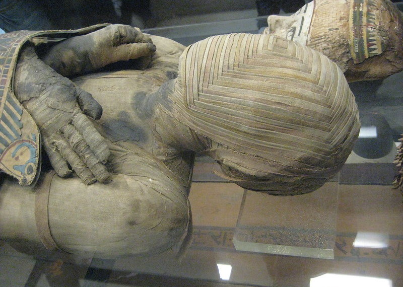 Image of upper body of tightly wrapped mummy
